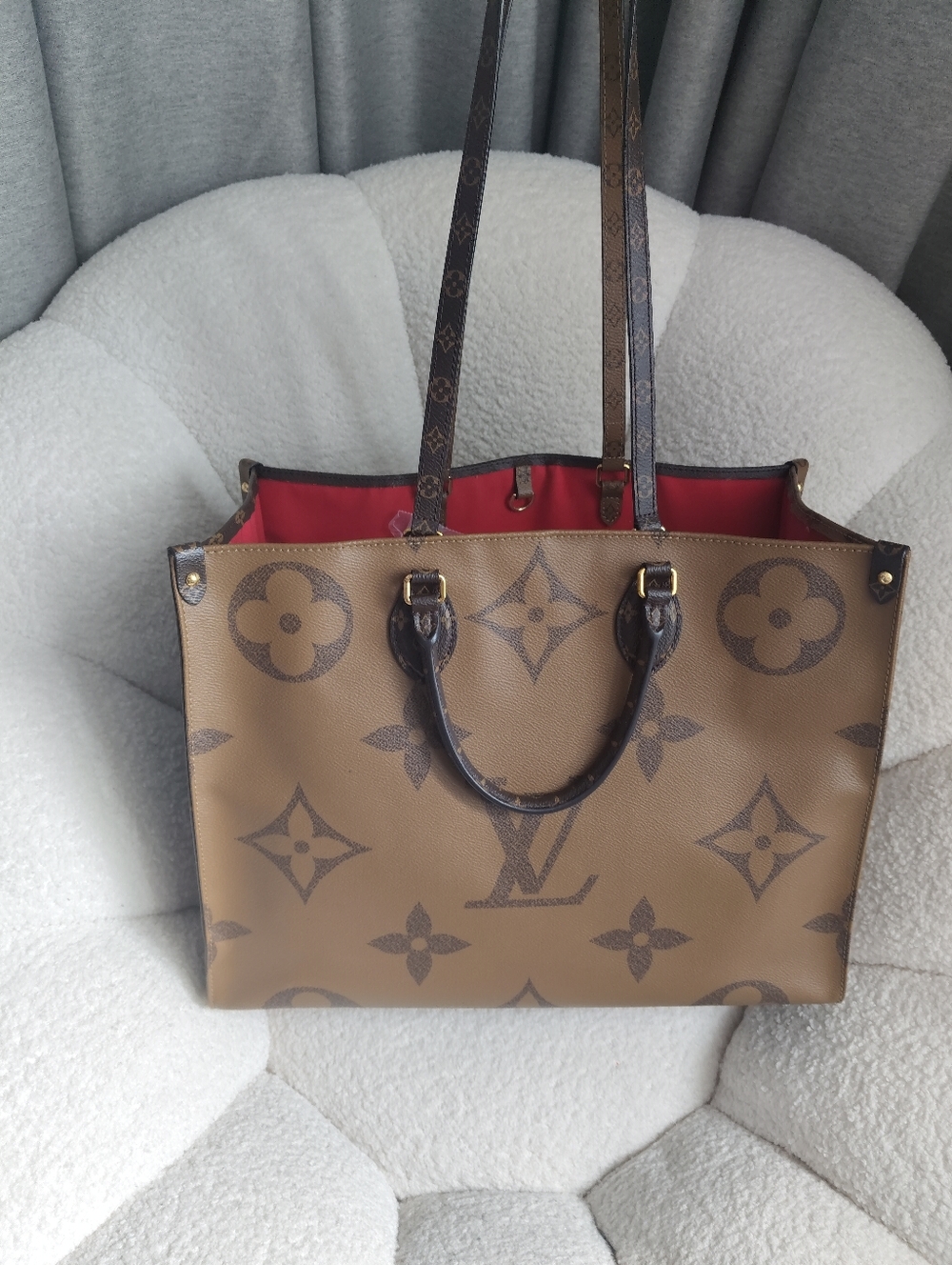 Louis Vuitton Brown Monogram Tote with Red Interior